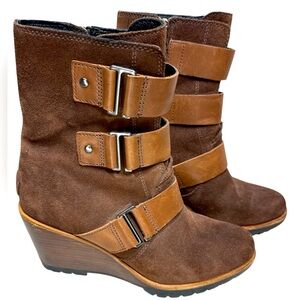 SOREL After Hours Brown Suede Wedge Ankle Bootie SZ US 7.5 Heeled Boot Lug Sole